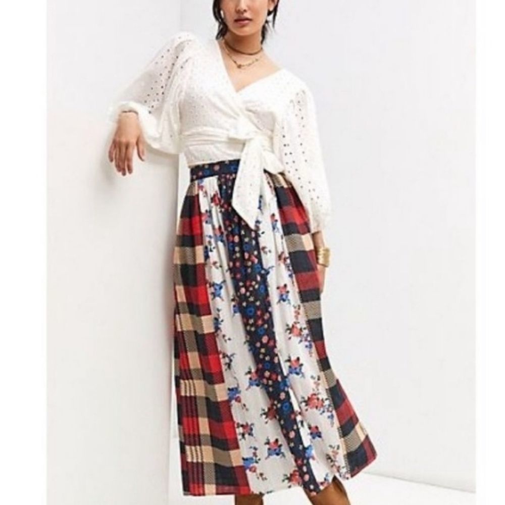 Anthropologie Patchwork Maxi Skirt in Red, Navy, White, Beige